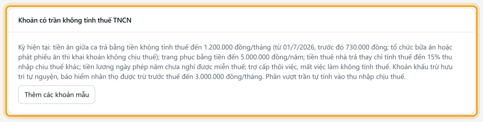 Khối Khoản có trần không tính thuế TNCN và nút Thêm các khoản mẫu