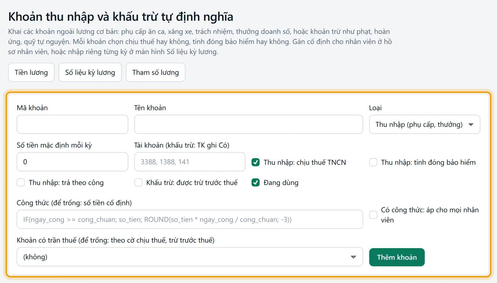 Trang Khoản thu nhập và khấu trừ tự định nghĩa với form Thêm khoản và bảng các khoản