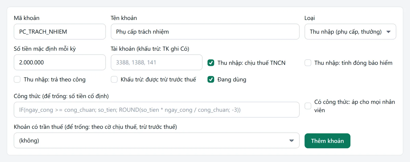 Form Thêm khoản đã nhập mã PC_TRACH_NHIEM, tên, số tiền mặc định 2.000.000