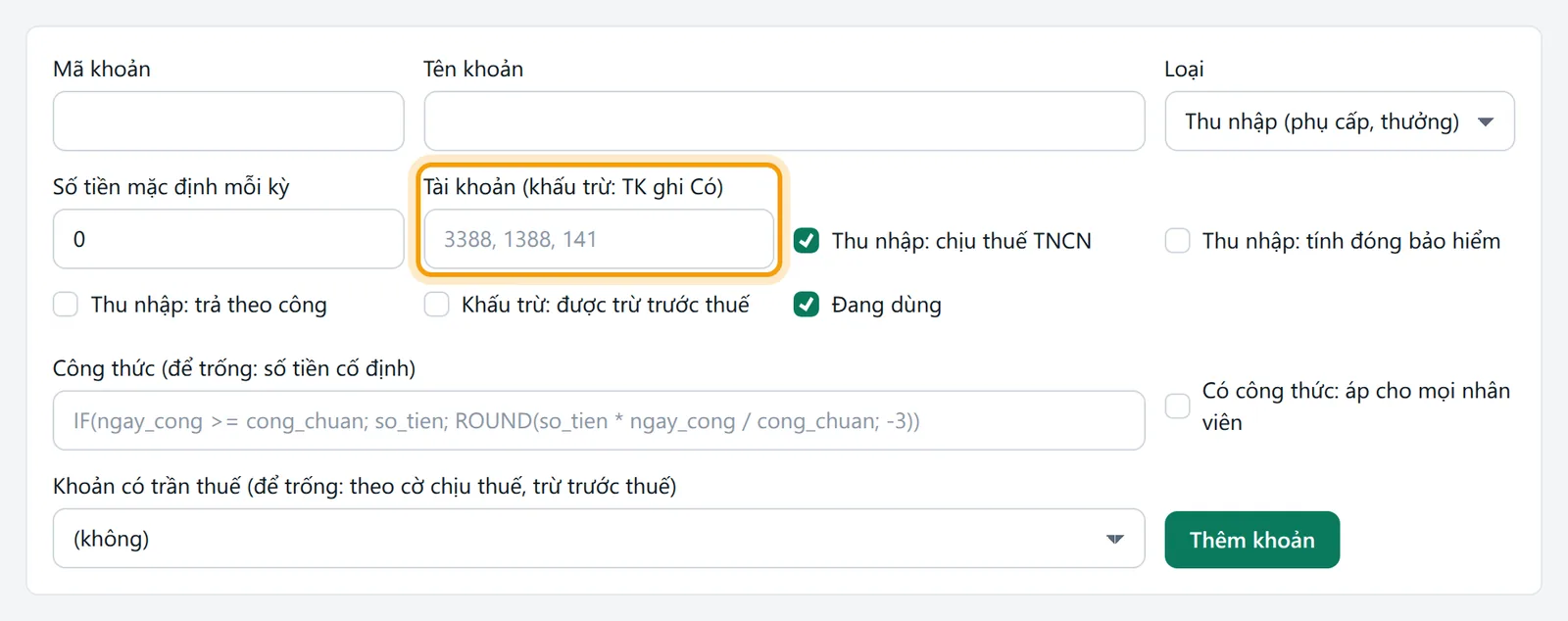 Ô Tài khoản dùng cho khoản khấu trừ ghi Có
