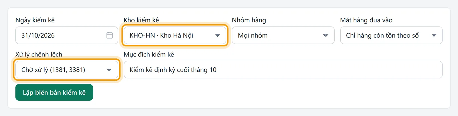 Chọn kho Hà Nội và xử lý chênh lệch Chờ xử lý 1381, 3381 được viền vàng