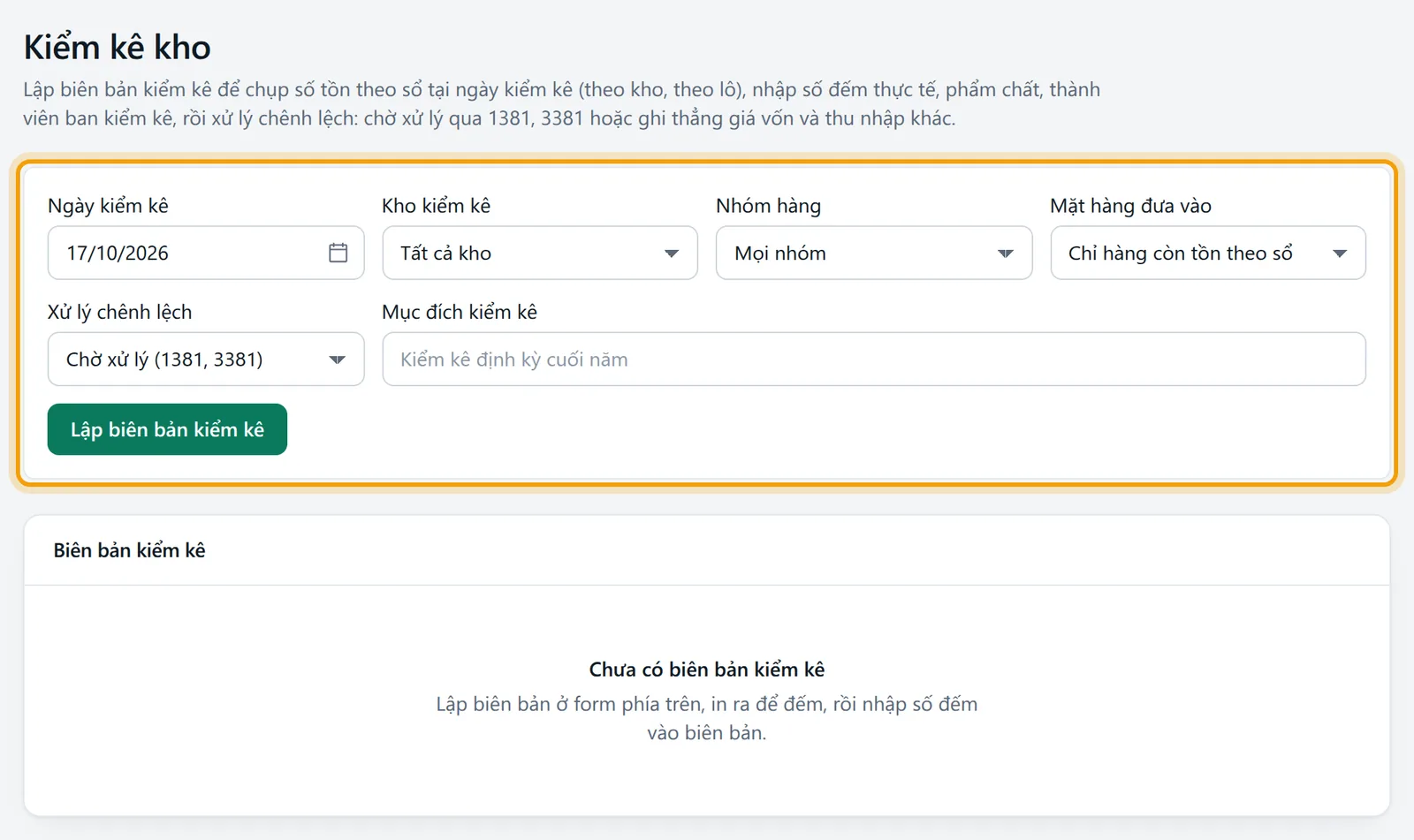 Màn Kiểm kê kho với biểu mẫu lập biên bản và danh sách biên bản