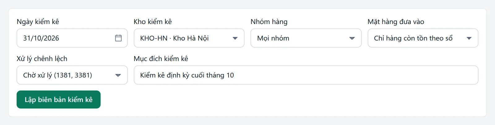 Biểu mẫu kiểm kê với ngày 31/10/2026, kho Hà Nội, cách xử lý chênh lệch và mục đích kiểm kê