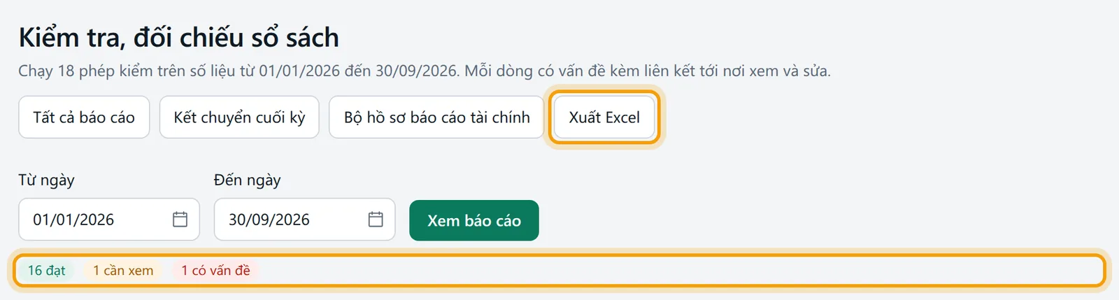 Màn Kiểm tra, đối chiếu sổ sách, ba nhãn đếm kết quả và nút Xuất Excel được viền vàng