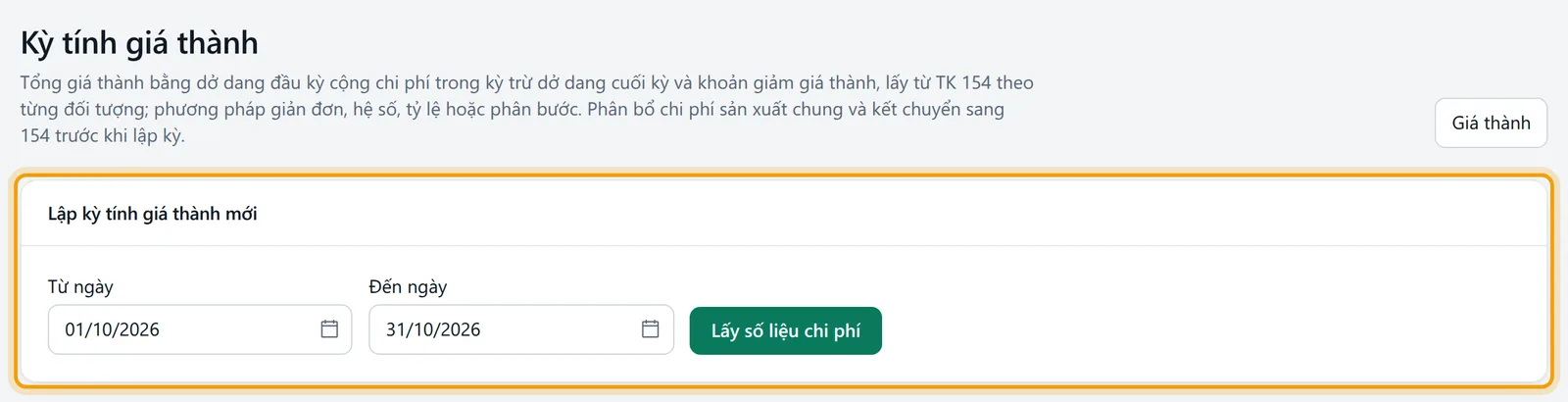Màn Kỳ tính giá thành với khung lập kỳ mới và danh sách các kỳ đã lập