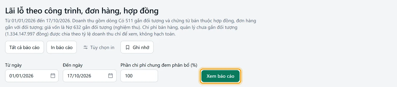 Màn báo cáo với bộ lọc khoảng ngày và nút xem được viền vàng