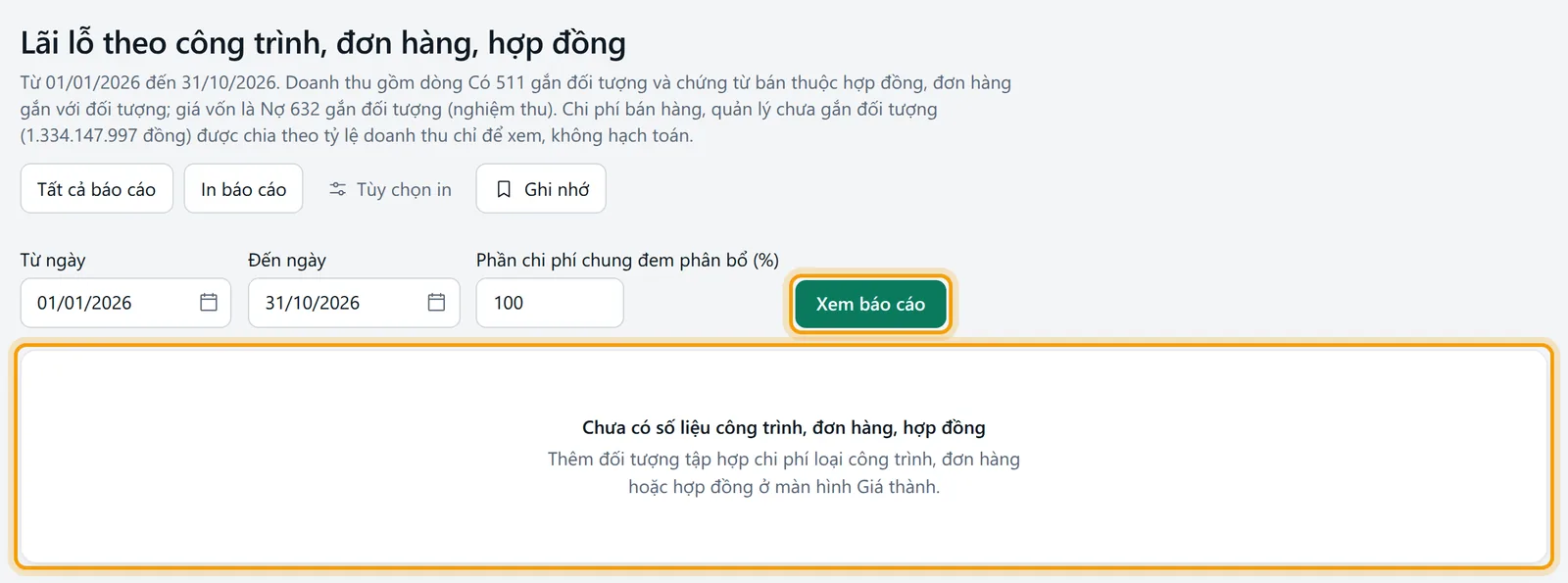 Bộ lọc đã đặt ngày, nút xem được viền vàng