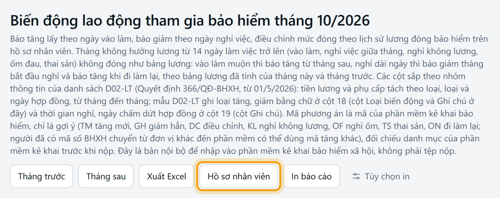 Nút Hồ sơ nhân viên ở đầu trang