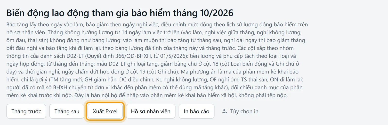 Trang Biến động lao động tham gia bảo hiểm tháng 10/2026 với nút Xuất Excel, In báo cáo và ô chọn tháng