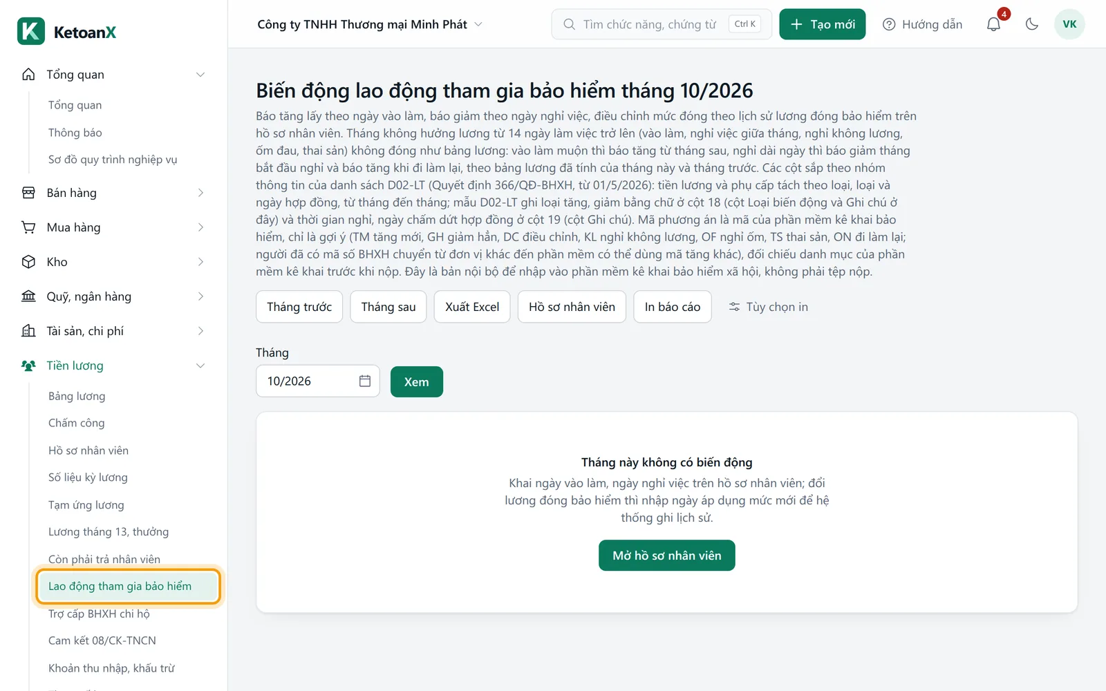 Menu bên trái, mục Lao động tham gia bảo hiểm trong nhóm Tiền lương viền vàng