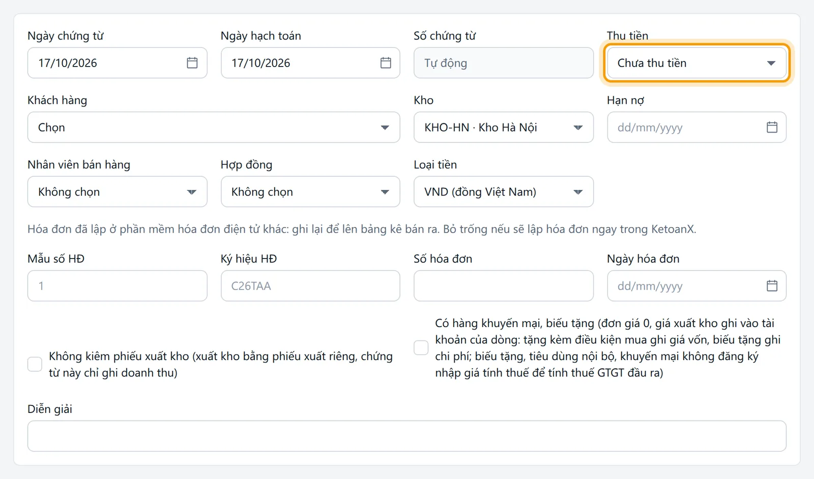 Biểu mẫu Bán hàng mở trống: ngày chứng từ, ngày hạch toán, thu tiền, khách hàng và các ô phần đầu