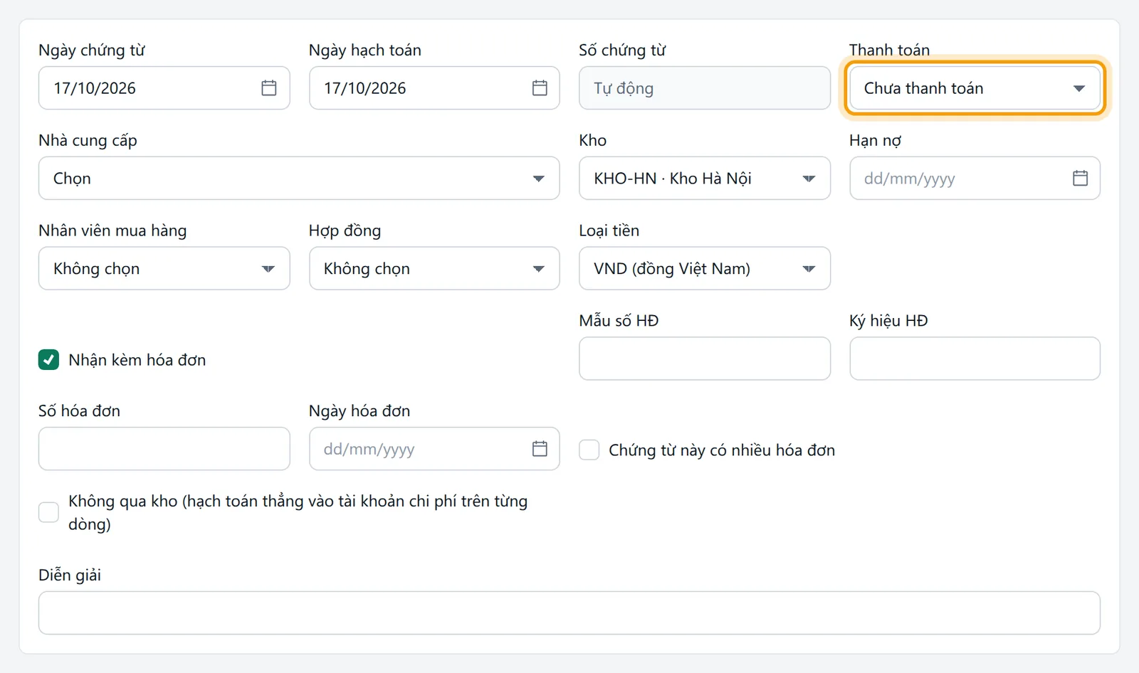Biểu mẫu Mua hàng nhập kho mở trống: ngày, thanh toán, nhà cung cấp và các ô hóa đơn