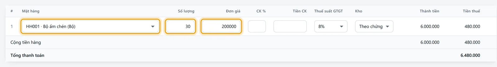 Dòng hàng Bộ ấm chén số lượng 30 đơn giá 200.000 và tổng thanh toán