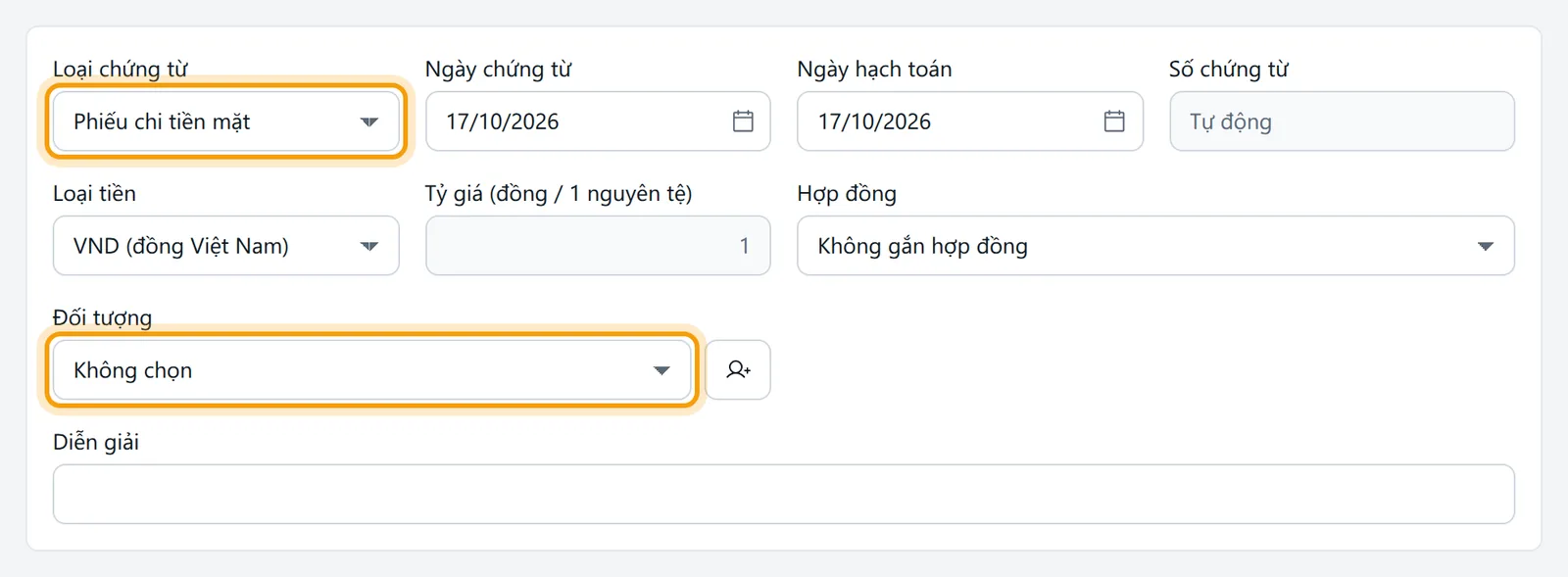 Phần đầu phiếu chi: Loại chứng từ, Ngày chứng từ, Ngày hạch toán, Số chứng từ, Đối tượng, Diễn giải