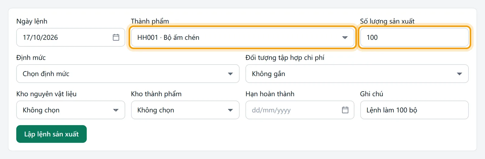 Ô Thành phẩm và Số lượng sản xuất 100 được viền vàng
