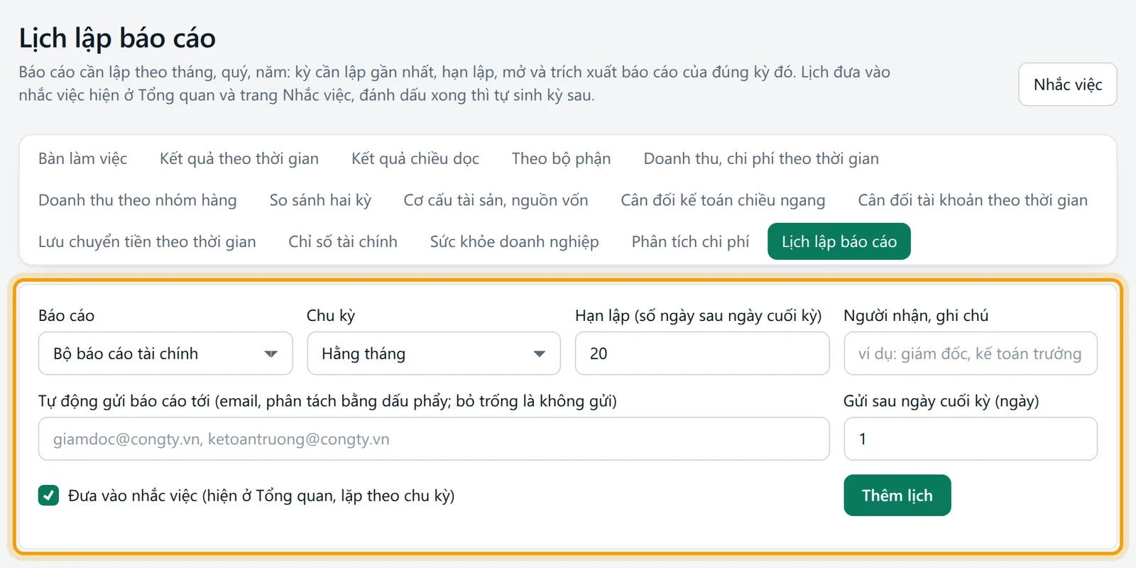 Màn Lịch lập báo cáo: tiêu đề và khối kết quả chính được viền vàng