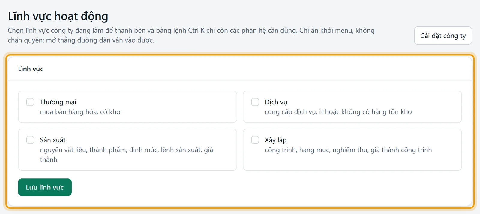 Màn Lĩnh vực hoạt động: khung Lĩnh vực với bốn lĩnh vực và nút Lưu lĩnh vực được viền vàng