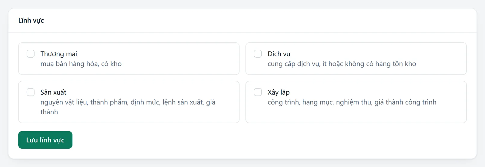 Khung Lĩnh vực với bốn ô tích Thương mại, Dịch vụ, Sản xuất, Xây lắp, mỗi ô kèm một dòng mô tả