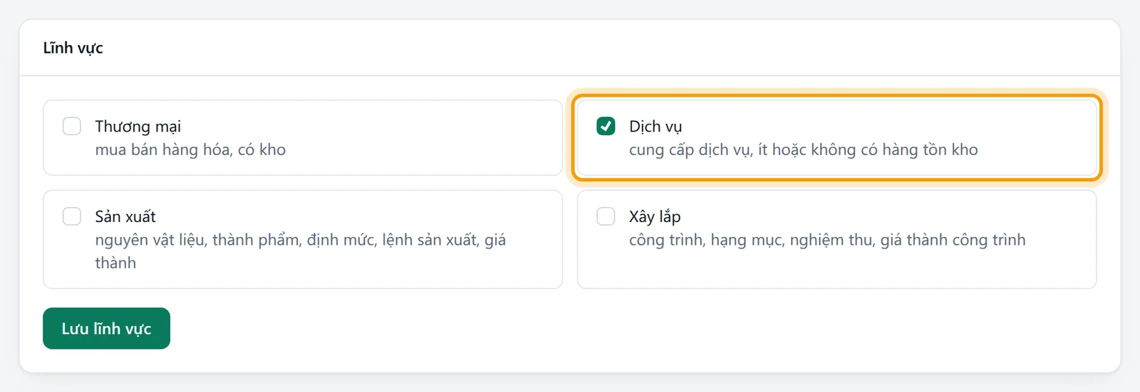 Ô Dịch vụ trong khung Lĩnh vực đã tích và nút Lưu lĩnh vực