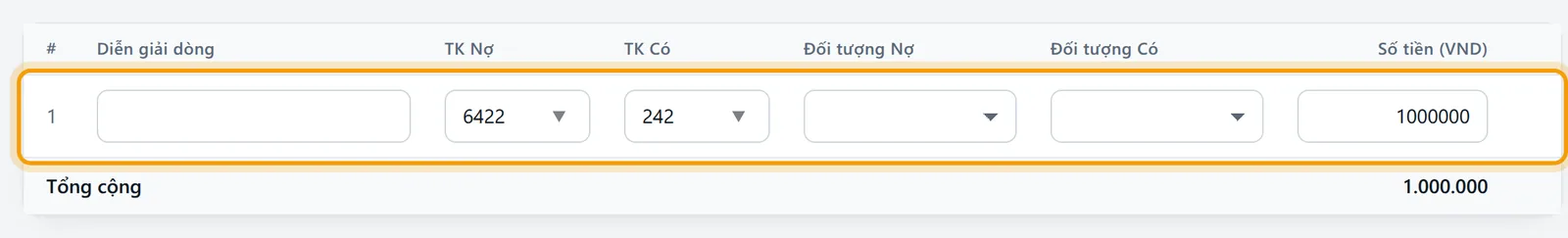 Lập chứng từ theo loại PBCP: Nợ 6422, Có 242, số tiền 1.000.000 đã điền sẵn