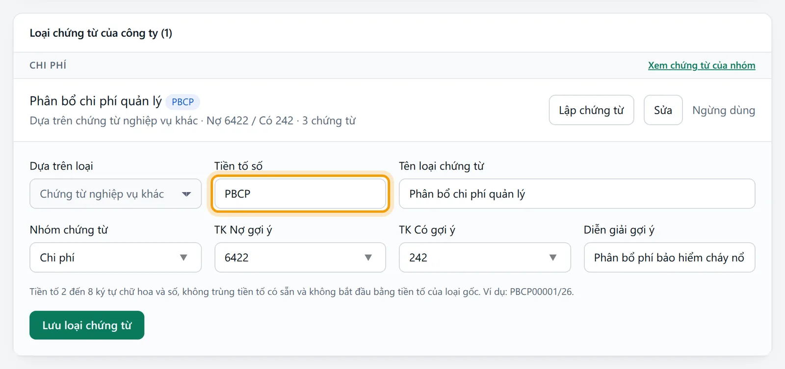 Khung sửa loại mở ra ngay dưới dòng loại, ô Tiền tố số được viền vàng