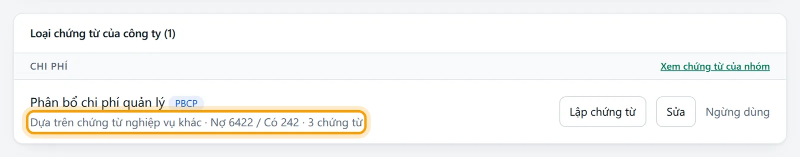 Dòng loại Phân bổ chi phí quản lý ghi dựa trên chứng từ nghiệp vụ khác, Nợ 6422 Có 242