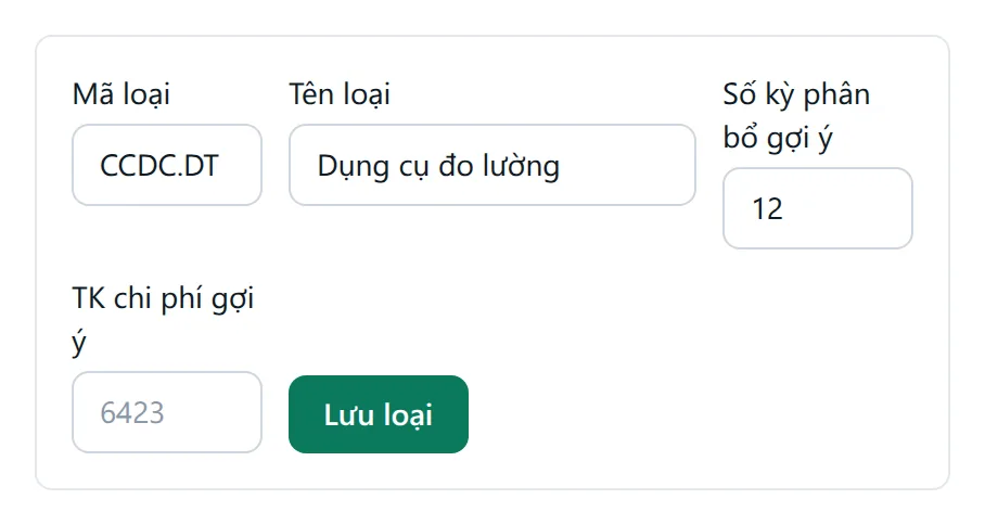 Form thêm loại với mã CCDC.DT, tên Dụng cụ đo lường, số kỳ phân bổ 12