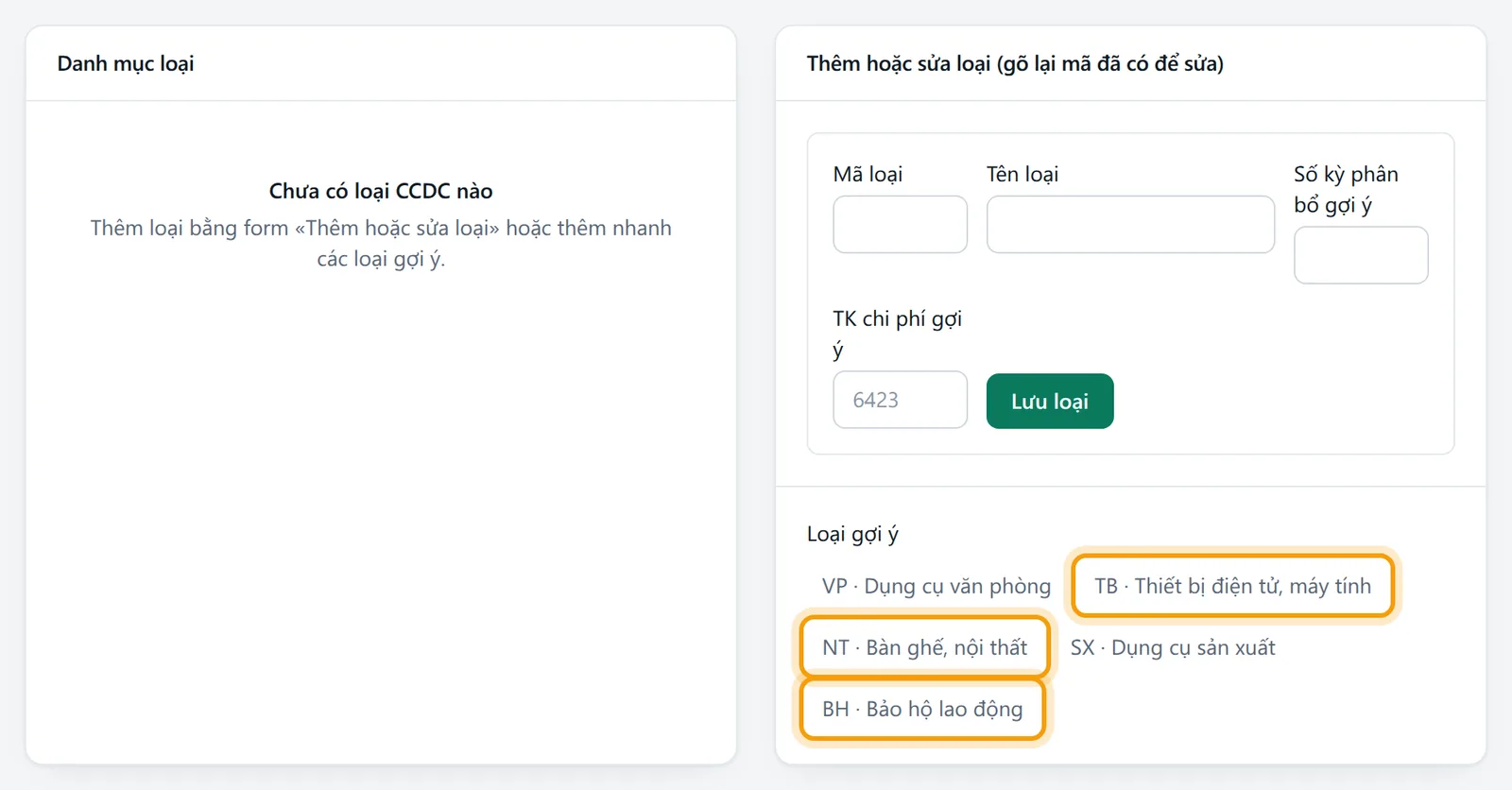 Khối Loại gợi ý với ba nút NT, TB và BH được viền vàng