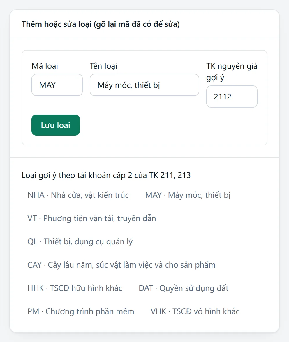 Form thêm loại với mã MAY, tên Máy móc, thiết bị và tài khoản 2112