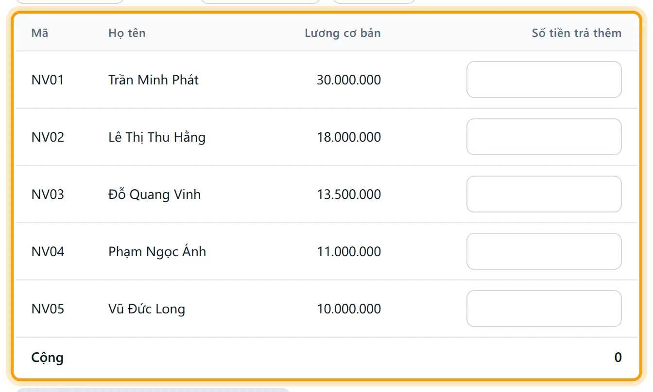 Cột Lương cơ bản của từng nhân viên trong bảng nhập