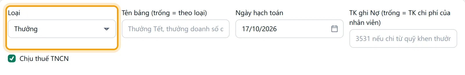 Chọn loại Thưởng thì tên bảng đặt theo loại