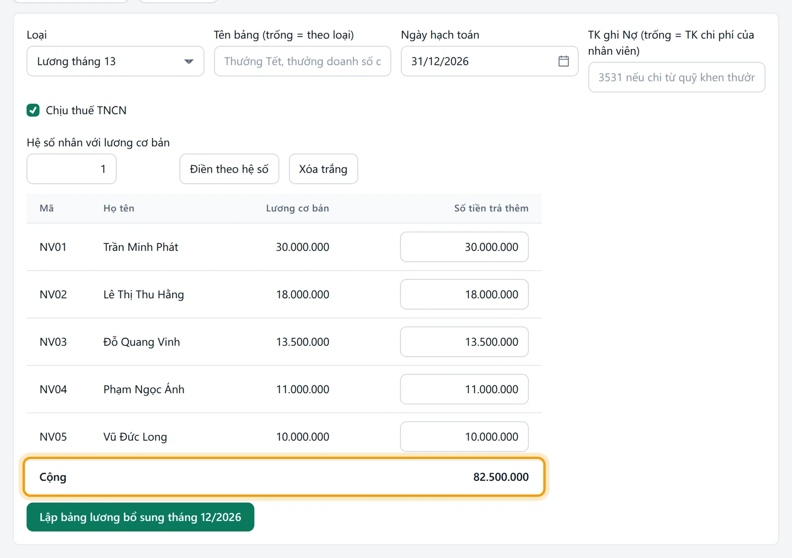 Tháng 12/2026, loại Lương tháng 13, hệ số 1: số tiền trả thêm của mỗi người bằng một tháng lương cơ bản