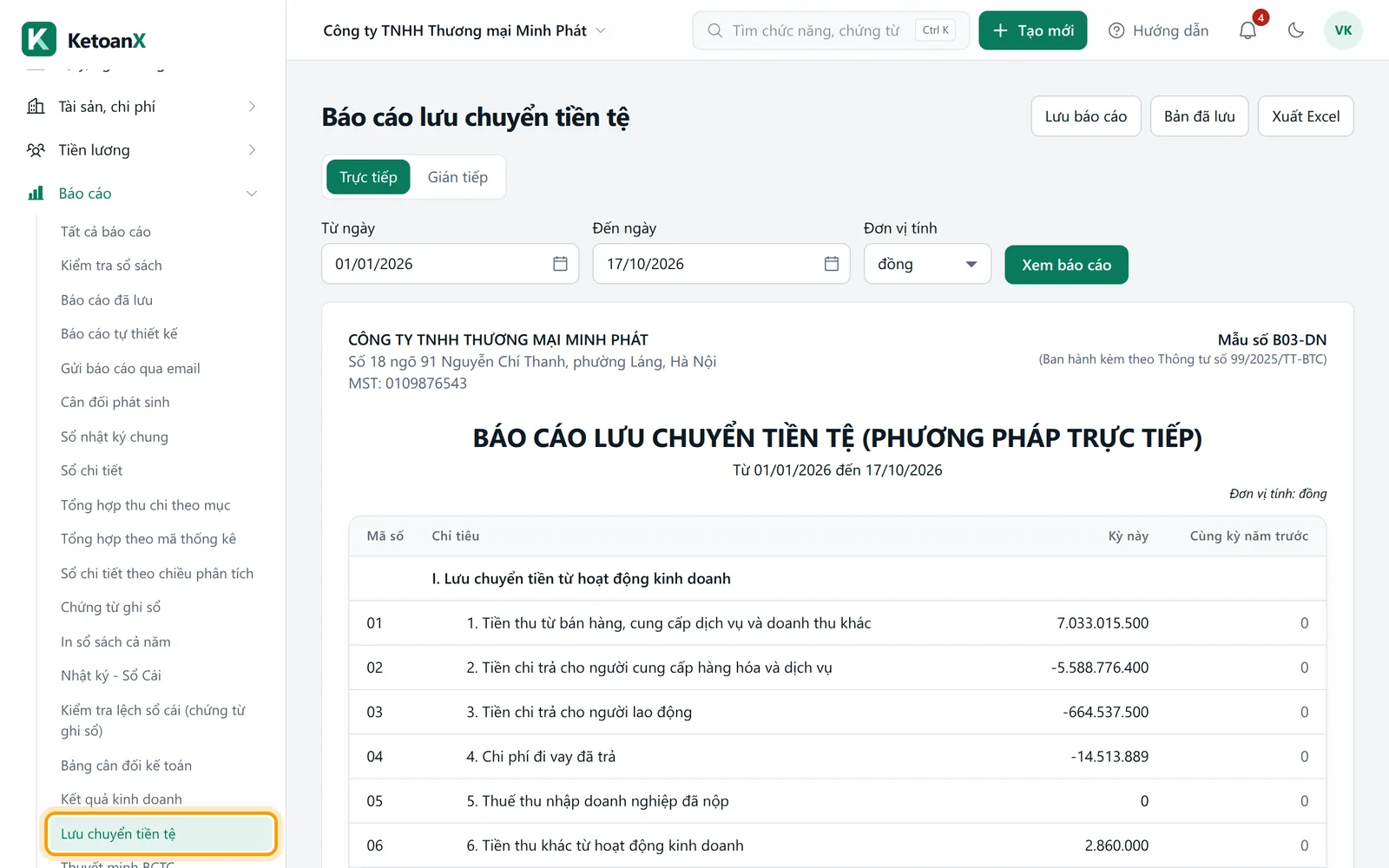 Menu bên trái mở nhóm Báo cáo, mục Lưu chuyển tiền tệ được viền vàng