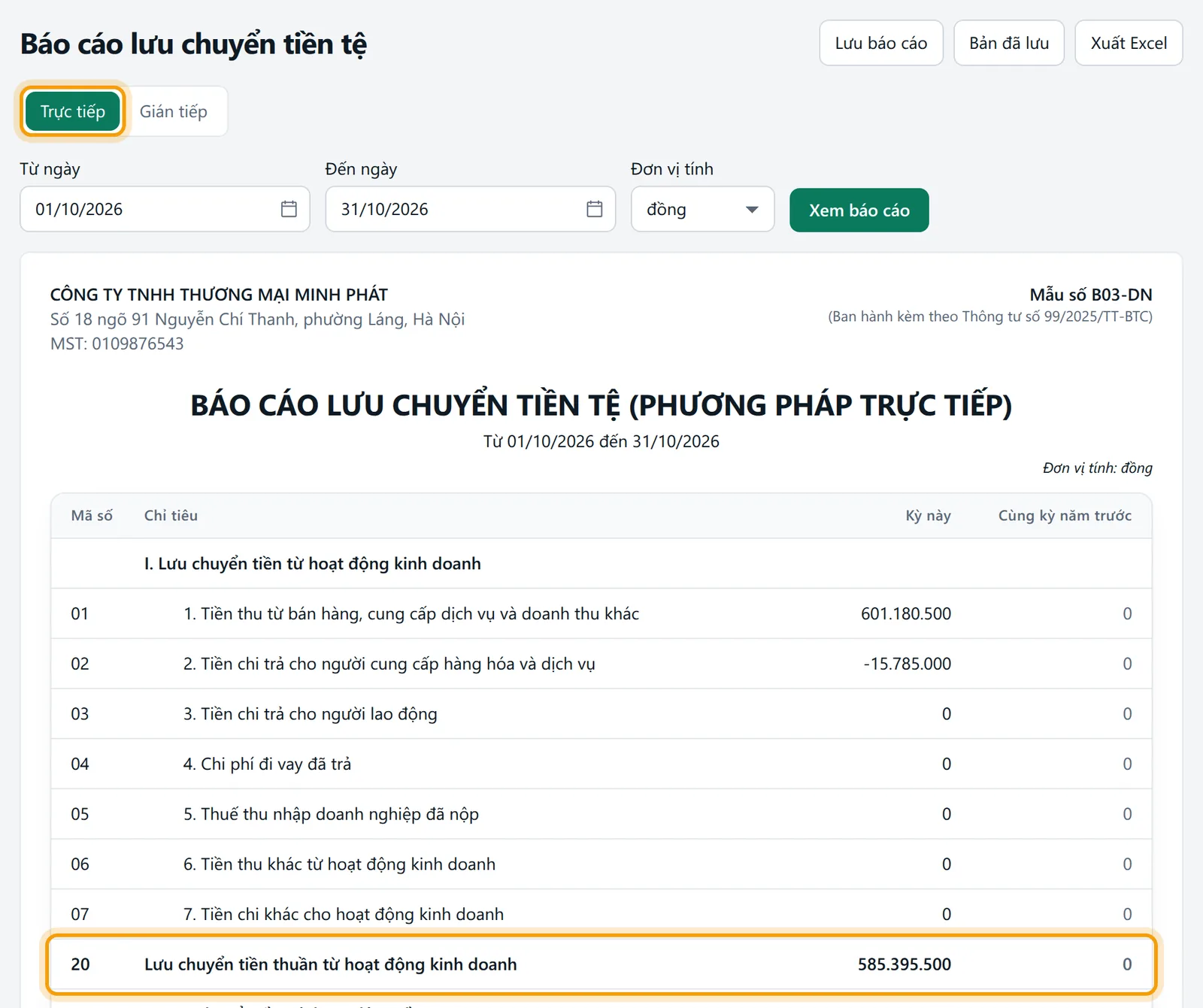 Thẻ Trực tiếp, kỳ 01/10/2026 đến 31/10/2026 và dòng lưu chuyển tiền thuần từ hoạt động kinh doanh