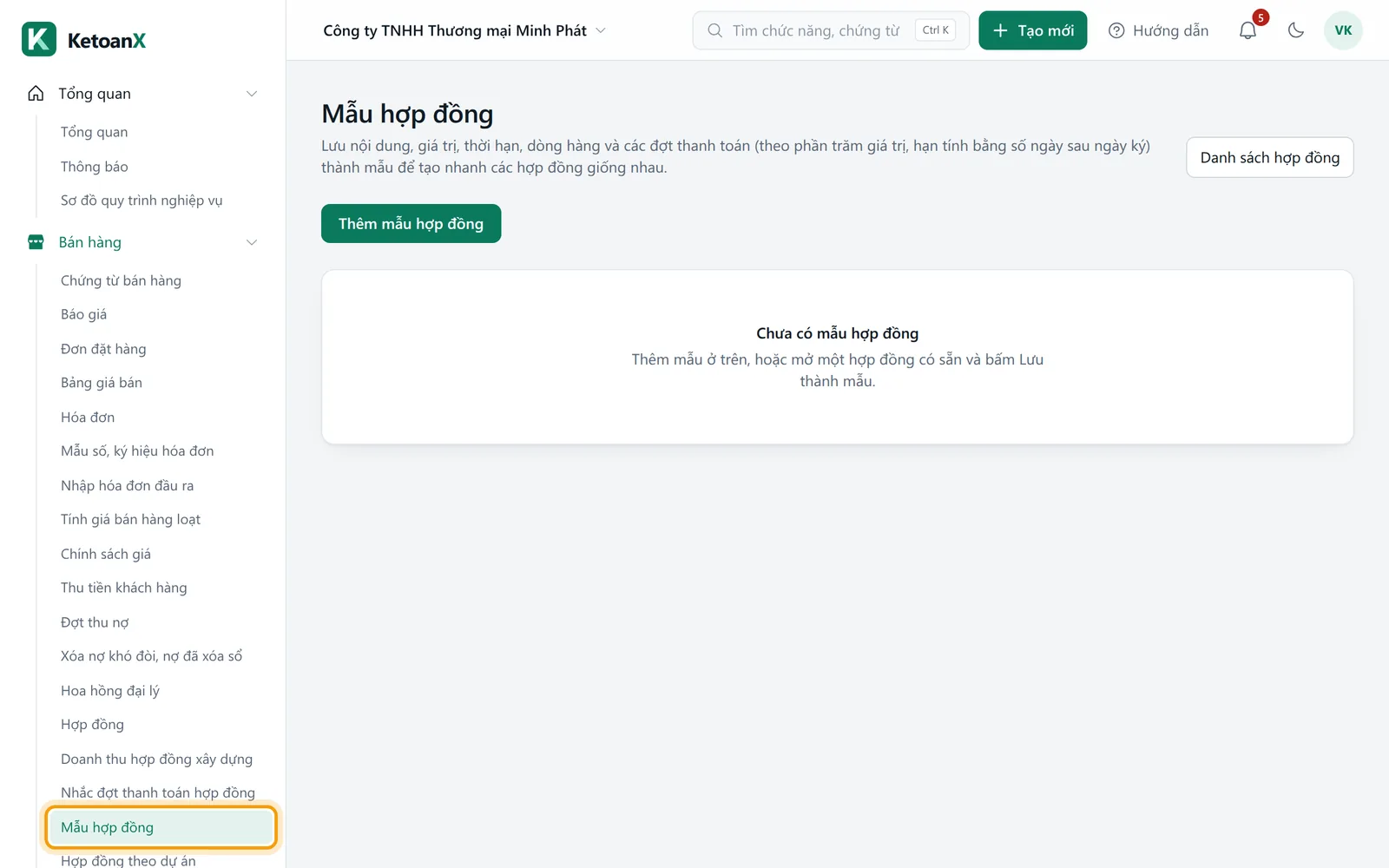 Menu bên trái, mục Mẫu hợp đồng được viền vàng