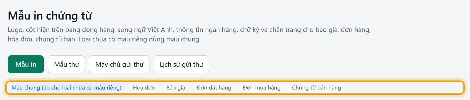 Màn Mẫu in chứng từ, dải sáu loại chứng từ được viền vàng
