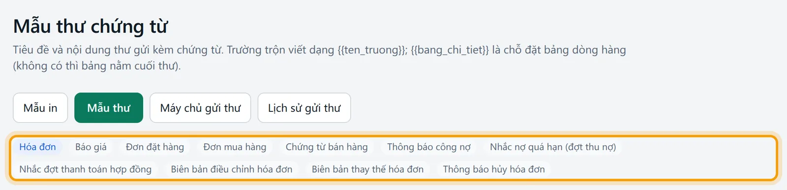 Màn Mẫu thư chứng từ, dải nhãn chọn loại thư được viền vàng