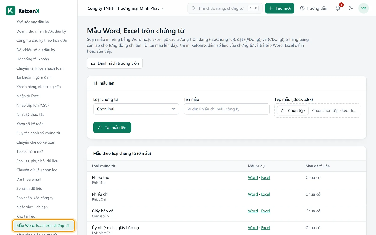 Menu bên trái mở nhóm Hệ thống, mục Mẫu Word, Excel trộn chứng từ được viền vàng