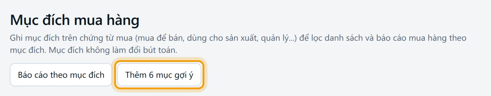 Nút Thêm 6 mục gợi ý trên đầu trang viền vàng