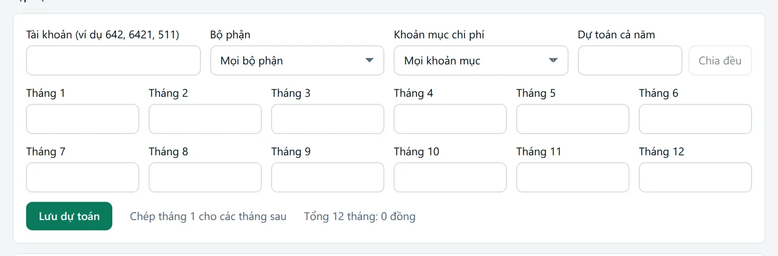 Form lập dự toán với tài khoản, bộ phận, khoản mục, dự toán cả năm và mười hai ô tháng