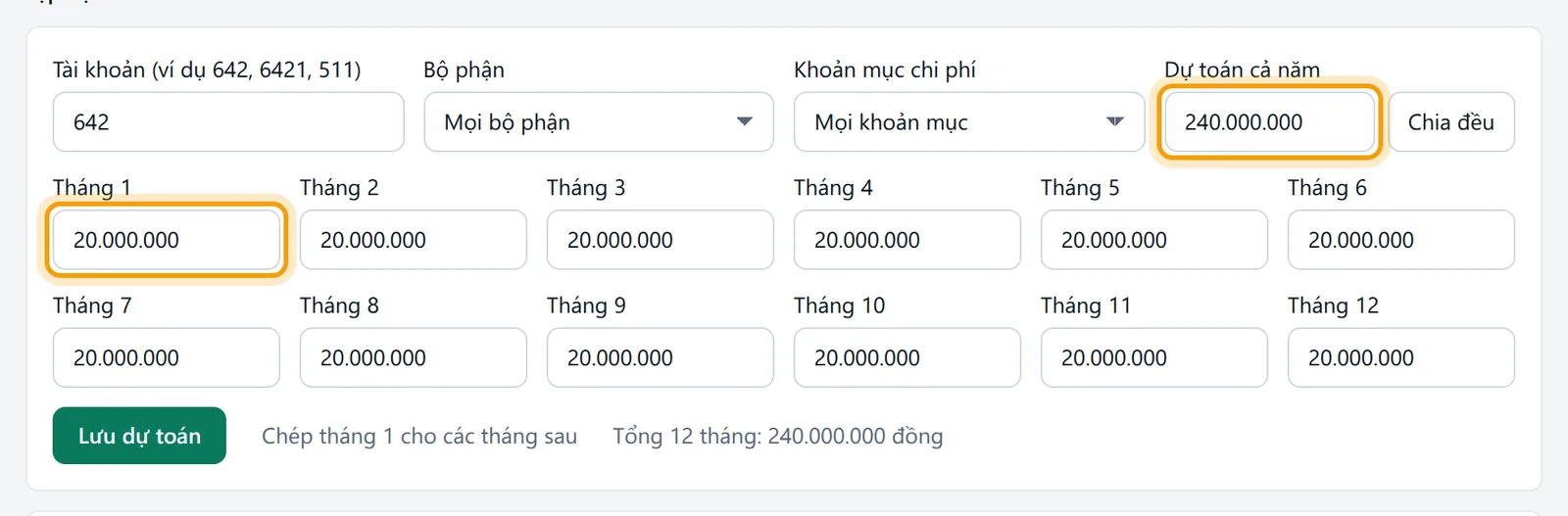 Form lập dự toán đã nhập tài khoản 642, dự toán cả năm 240.000.000 và chia đều 20.000.000 mỗi tháng