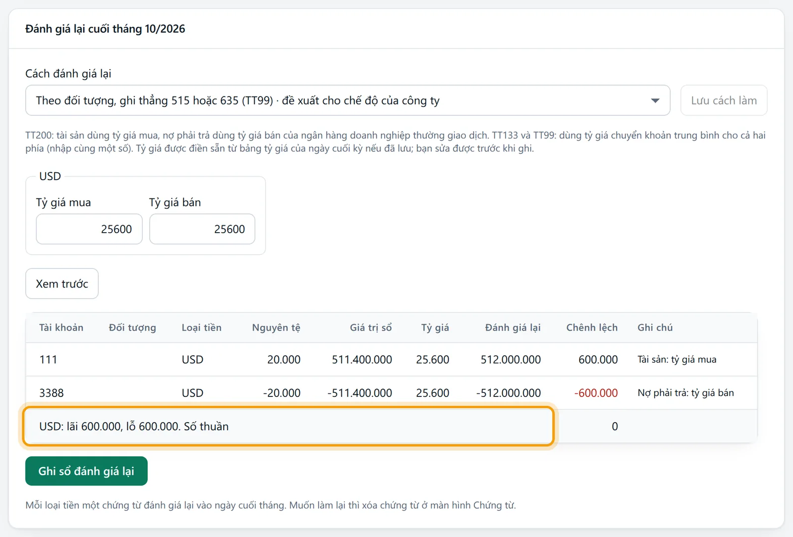 Dòng Số thuần của bảng xem trước ghi USD lãi 600.000, lỗ 600.000, số thuần 0