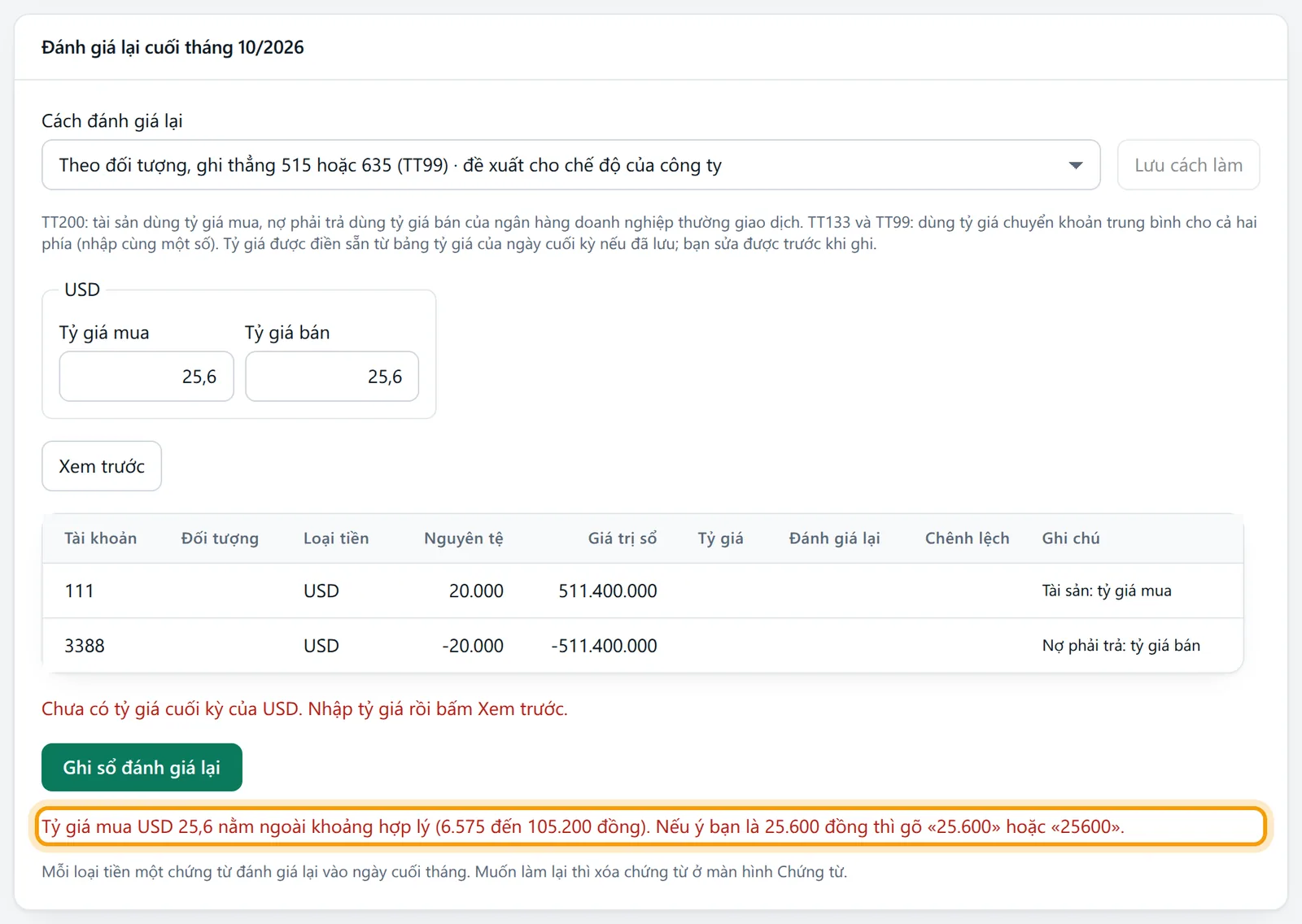 Ô Tỷ giá mua gõ 25,6 thì Xem trước báo tỷ giá ngoài khoảng hợp lý