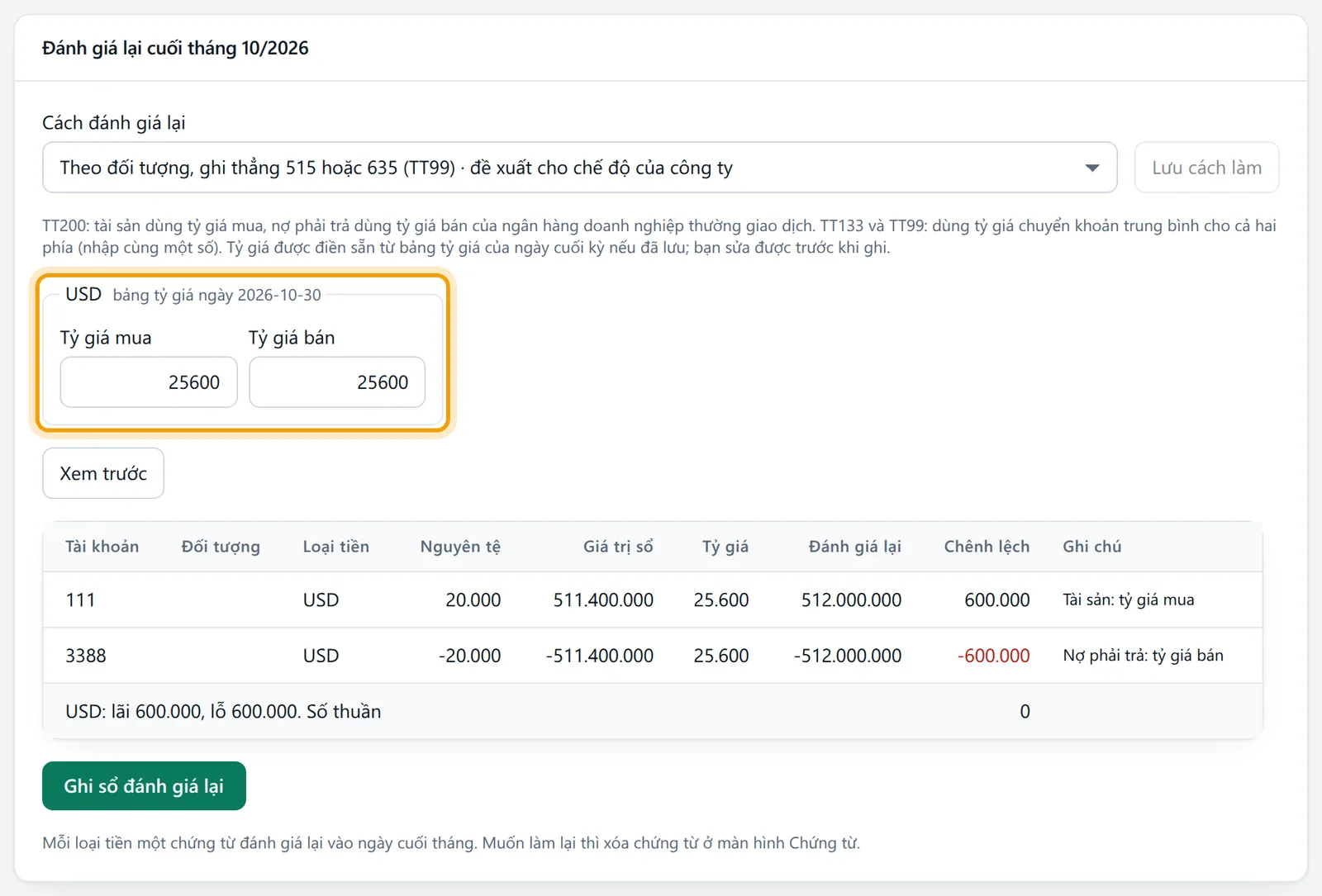 Khung Đánh giá lại lấy tỷ giá USD từ bảng tỷ giá ngày 2026-10-30 đã lưu