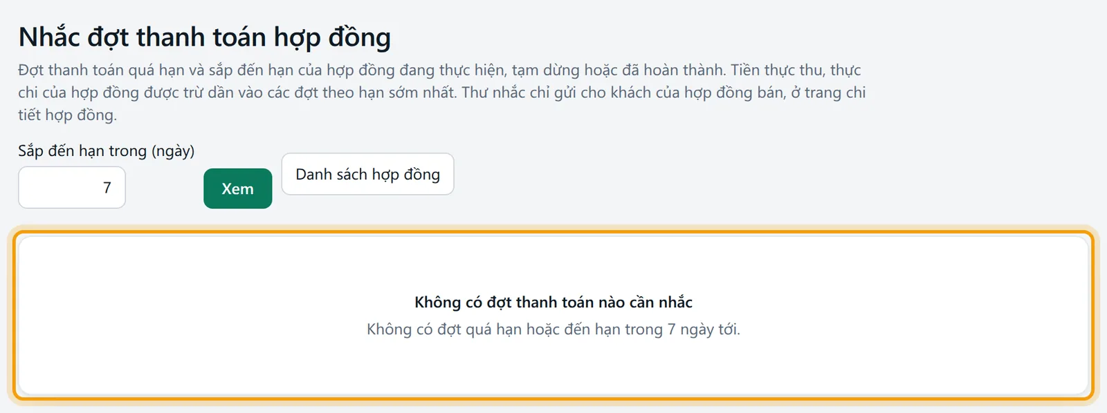 Màn Nhắc đợt thanh toán hợp đồng, khung kết quả được viền vàng