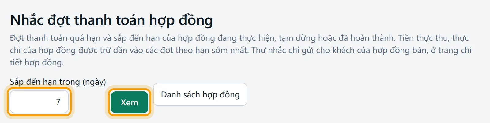 Ô Sắp đến hạn trong (ngày) có số 7 và nút Xem được viền vàng