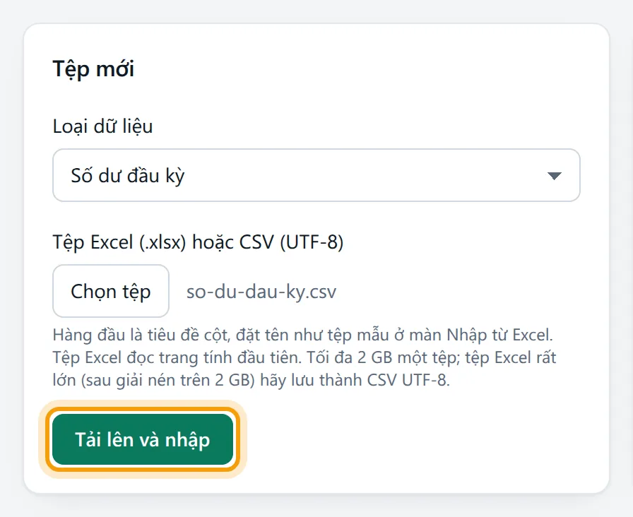 Loại dữ liệu chọn Số dư đầu kỳ, tên tệp so-du-dau-ky.csv hiện cạnh nút Chọn tệp