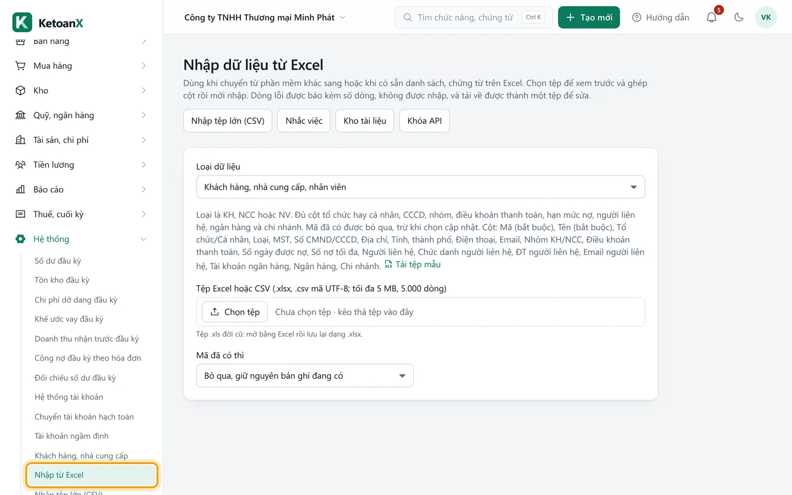 Menu bên trái mở nhóm Hệ thống, mục Nhập từ Excel được viền vàng