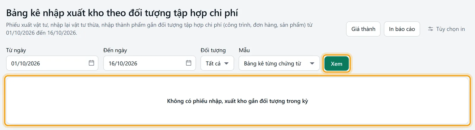 Bộ lọc đã đặt ngày, nút xem được viền vàng