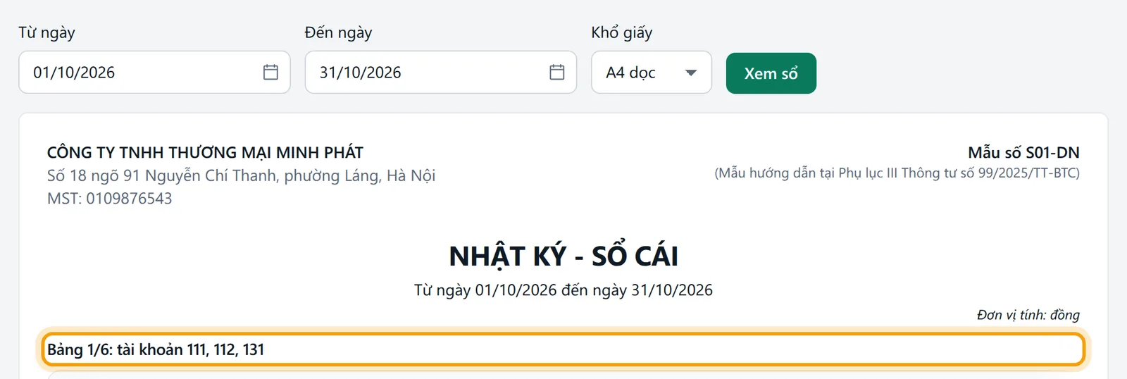Khổ A4 dọc: sổ chia thành các bảng Bảng 1/3, 2/3, 3/3